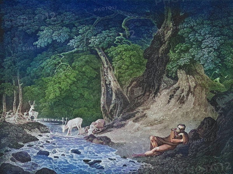 As you like it. Act II. Scene I. The Forest of Arden. Jaques, Amiens and Lord. From the Boydell Shakespeare Gallery, published at the end of the 19th century, Historic, digitally restored reproduction from a 19th century original, Record date not stated
