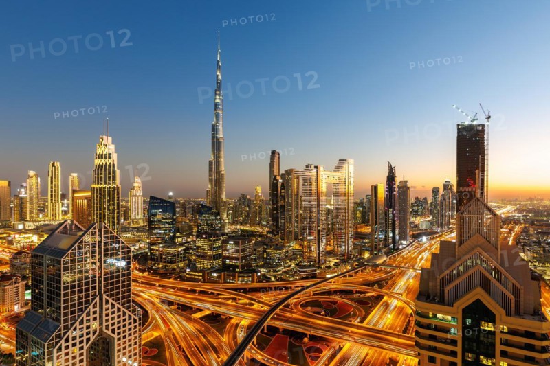 Burj Khalifa skyline tallest building in the world from above in Downtown at night in Dubai, United Arab Emirates, Asia