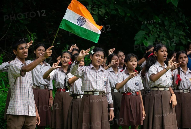 Students of Govt. Deaf And Dumb School sings patriotic song in sign language, as they participate in the celebration of Indian Independence Day, in Guwahati, Assam, India on 15 August 2023. Since 1947, Independence Day has been celebrated in India on 15 August