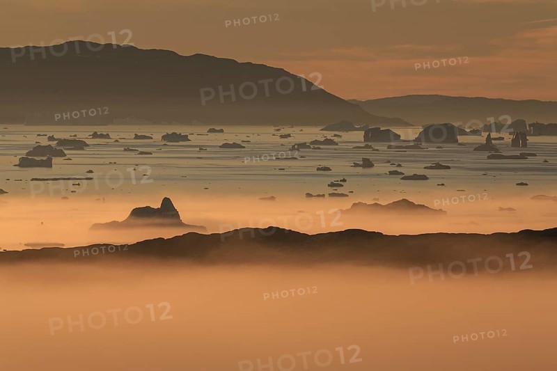 Icebergs in the fog, midnight sun, summer, Ilulissat, Ilulissat Icefjord, Disko Bay, West Greenland, Greenland, North America