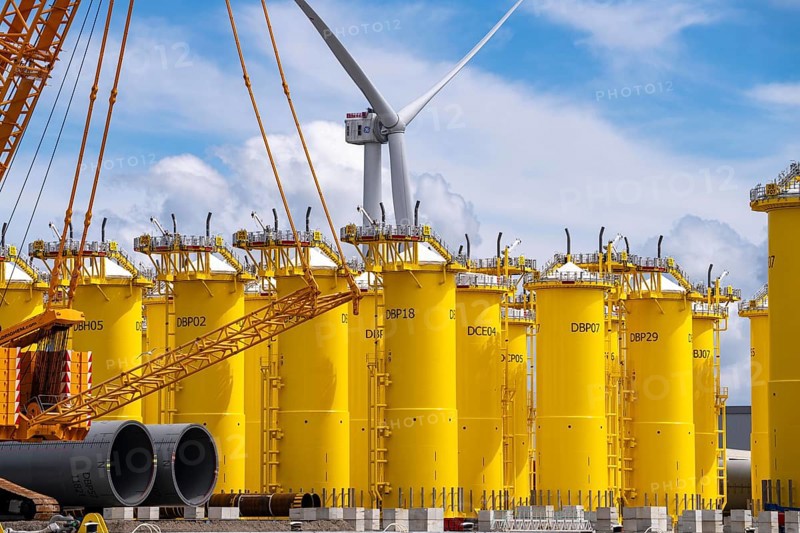 SIF Offshore Foundaitons, production of foundations, monopiles, for offshore wind turbines, the wind turbines are assembled on these pipes, which are installed in the seabed at a depth of up to 60 metres, production plant in the seaport of Rotterdam, Maasvlakte, Rotterdam Netherlands