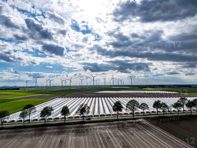 Agriculture, large areas with foil tunnel, for the cultivation of strawberries, freshly cultivated fields, wind farm, south of Lövenich, belongs to Erkelenz, in the district of Heinsberg