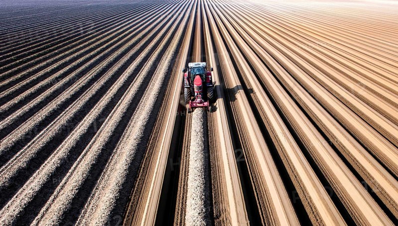 An aerial photo shows a tractor in a large asparagus field. Preparations for the asparagus season. The soil is loosened with a tiller at the front of the tractor, the rear tiller of the tractor creates the typical asparagus mound, Klaistow, Germany, Europe