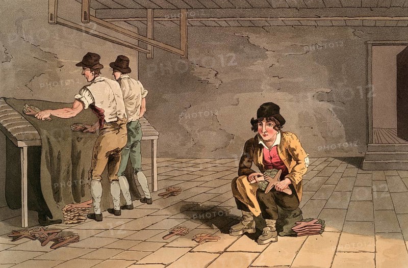Scene from everyday life in England around 1810, Child labouring at the draper's, Boy preparing cloth, Historical, Digitally restored reproduction from a 19th century original, Date unknown