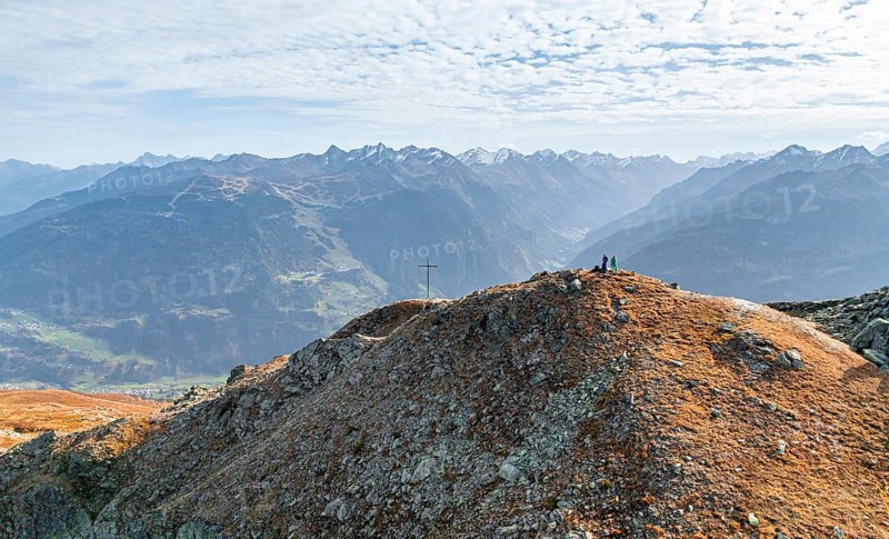 Kreuzjoch summit, view of Tschirgant summit and the Oberinntal valley and into the Pitztal valley, in autumn, Venet crossing, Ötztal Alps, Tyrol, Austria, Europe