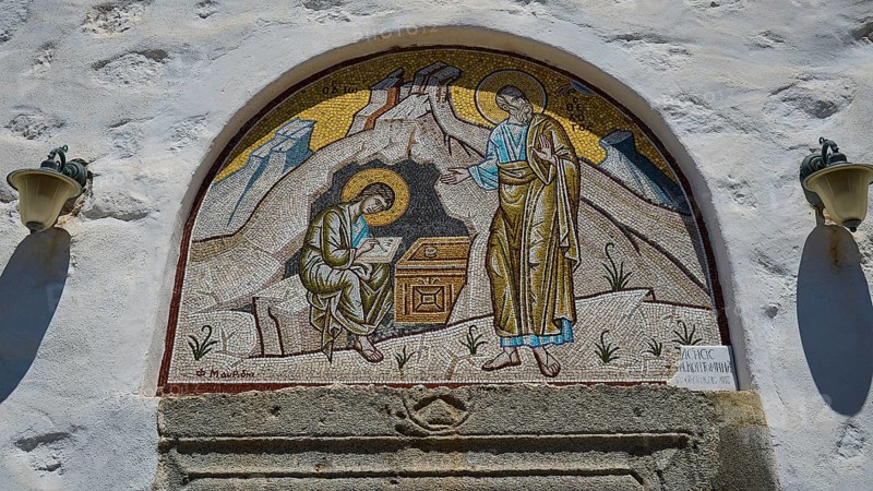 Mosaic on a wall with two holy figures and church lamps, St John the Baptist, Monastery tis Apokalipsis, Patmos, Dodecanese, Greek Islands, Greece, Europe