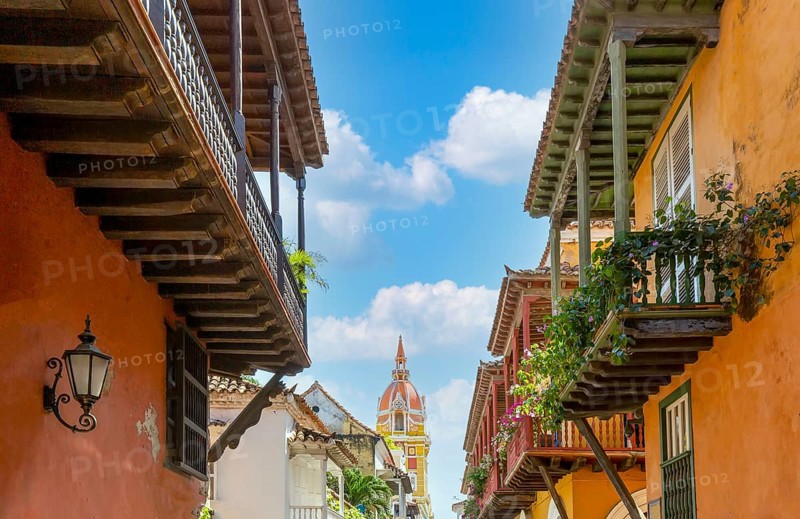 Famous colonial Cartagena Walled City, Cuidad Amurrallada, and its colorful buildings in historic city center, a designated UNESCO World Heritage Site