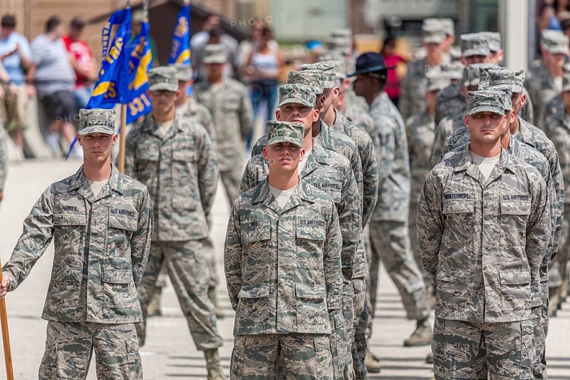 Flights of airmen at parade rest during United States Air Force basic training graduation ceremonies In San Antonio, Texas, USA, North America