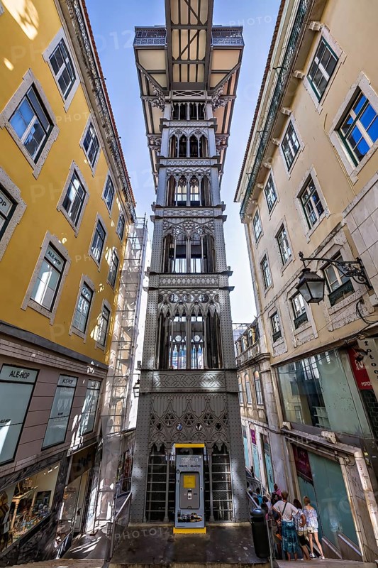 Neo-gothic style elevator connecting lower streets with a higher urban district in Lisbon, Elvador De Santa Justa, Lisbon