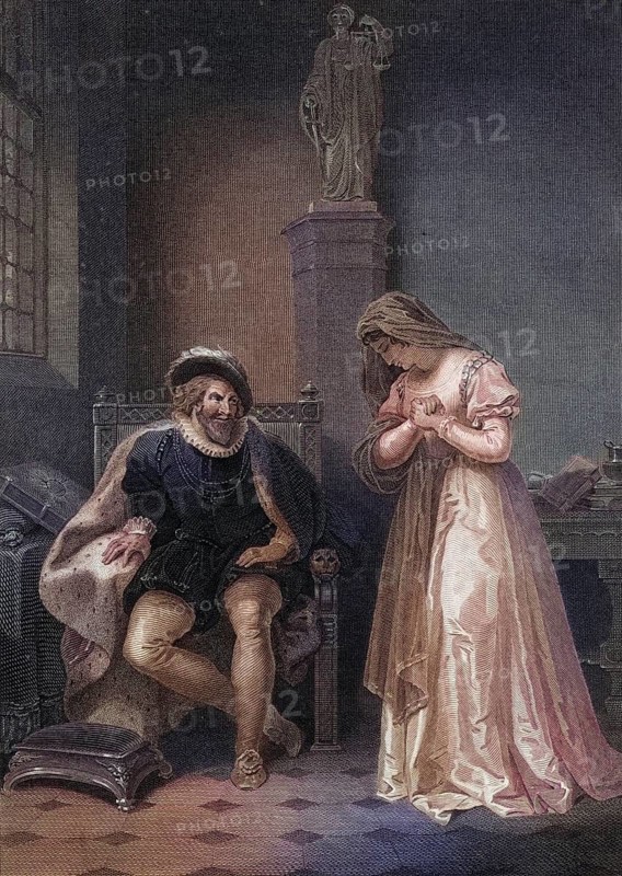 Engraving from 1797 by W.C. Wilson after W. Smirke RA of Angelo and Isabella in Act 2 Scene 4 of Measure for Measure by William Shakespeare, Historical, digitally restored reproduction from a 19th century original, Record date not stated