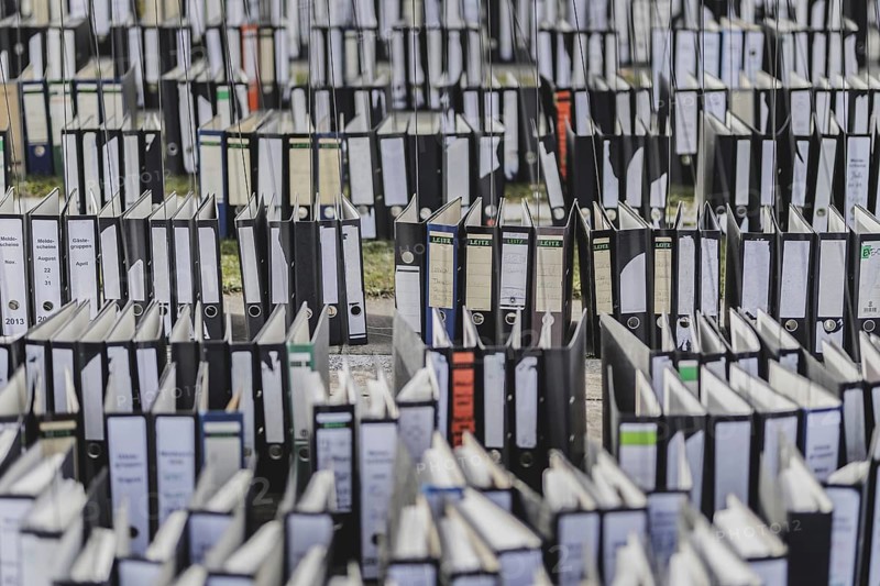 File folders stand in front of the Federal Chancellery as part of a protest action by the German Confederation of Skilled Crafts in Berlin, 26 February 2024. The German Confederation of Skilled Crafts demonstrates against the economic policy of the Federal Government as well as the high level of bureaucracy and the improvement of location conditions