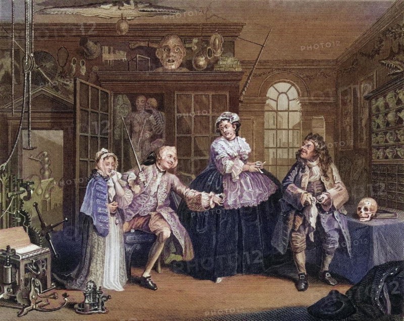 Marriage a la Mode Scene with the quack From the original picture by Hogarth from The Works of Hogarth published London 1833, Historisch, digital restaurierte Reproduktion von einer Vorlage aus dem 19. Jahrhundert, Record date not stated