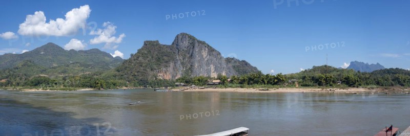 Panorama over the Mekong at the Pak Ou Caves, Luang Prabang Province, Laos, Asia