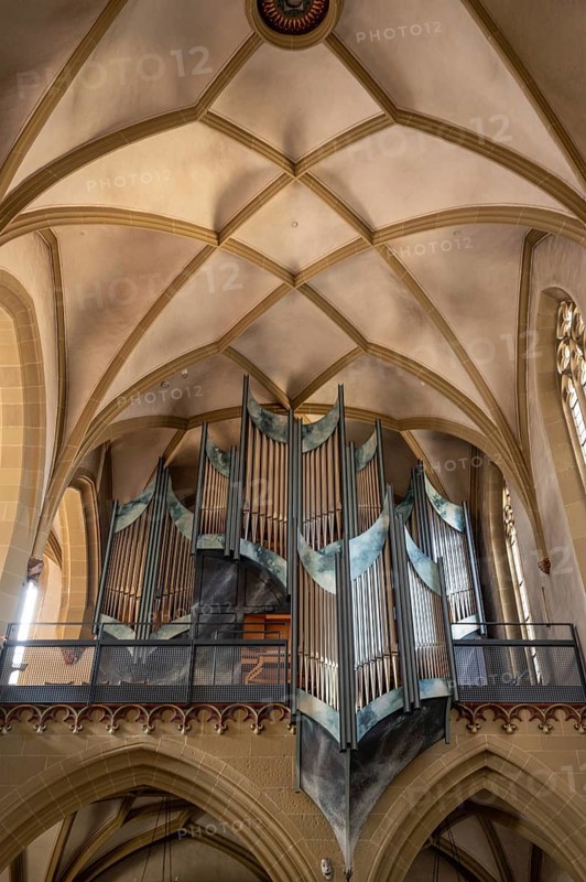 Organ on the west gallery was built in 1996 by the organ builder Vleugels, late Gothic St John's Church, Kitzingen, Lower Franconia, Bavaria, Germany, Europe
