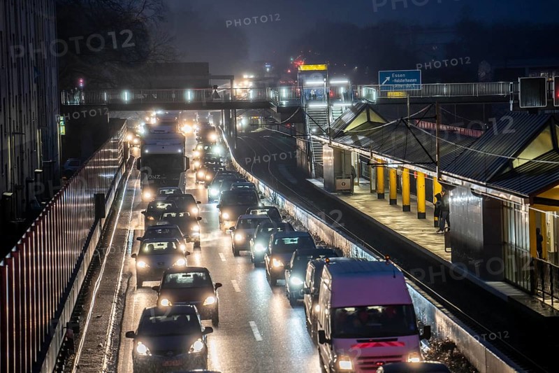 Traffic jam on the A40 motorway, Ruhrschnellweg, in Essen, underground station Essen Savignystr/ETEC, North Rhine-Westphalia, Germany, Europe