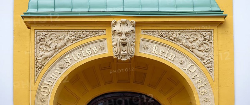 Detail of the left entrance portal of the Luitpold Primary School, built in 1901 in Art Nouveau style, Memmelsdorfer Str. 7A, Bamberg, Upper Franconia, Bavaria, Germany, Europe