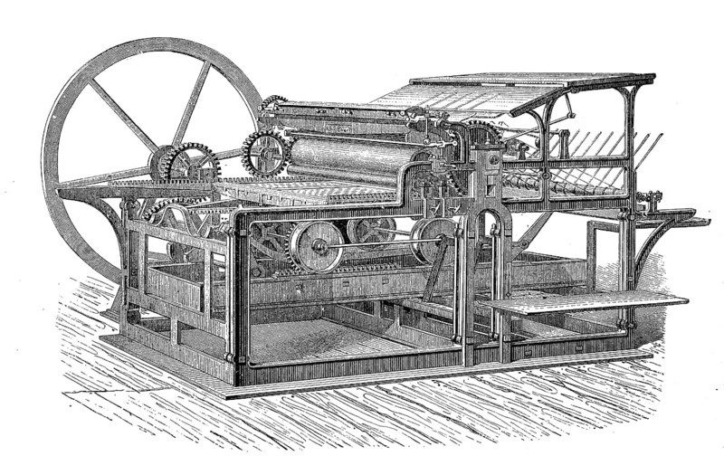 High-speed press with railway movement, paper processing, illustration from 1880, historical, digital reproduction of an original from the 19th century