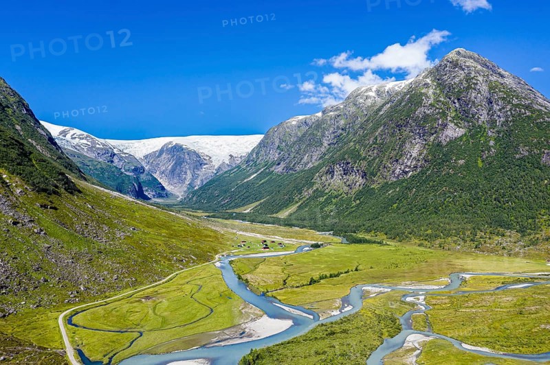 Aerial view of the road from Hafslo to valley Langedalen at glacier Jostedalsbreen, Sognefjord region, Norway, Europe