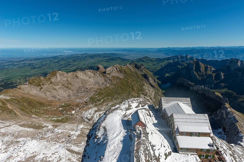 View from the alpine peak SÃ¤ntis to the hotel and the Appenzell Alps, 2505m altitude, SchwÃ¤galp, UrnÃ¤sch, Canton Appenzell, Ausserrhoden, Switzerland, Europe