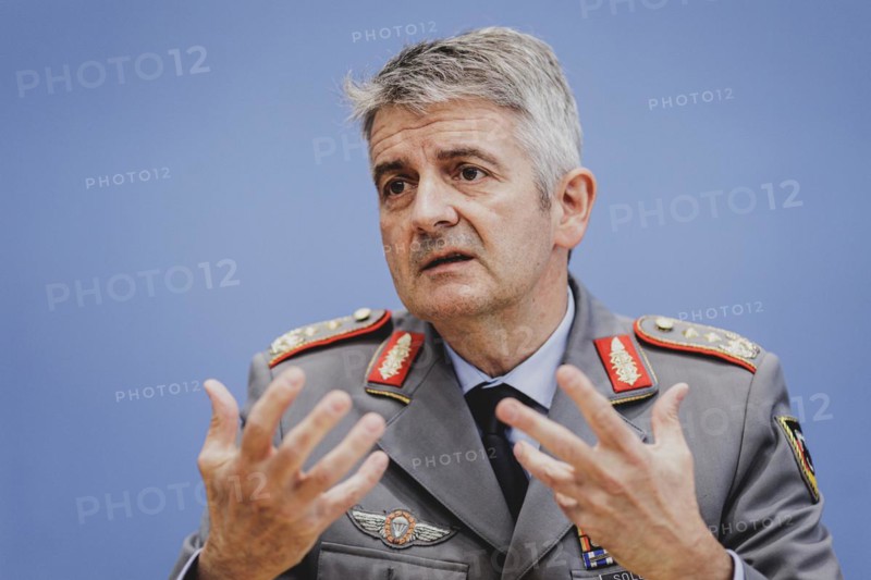 Lieutenant General Alexander Sollfrank, Commander of the Joint Support and Enabling Command (JSEC), recorded during a federal press conference on the military exercise 'Quadriga' in Berlin, 22 April 2024