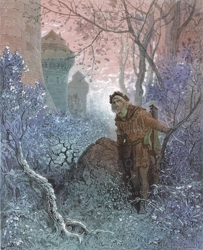 The minstrel Blondel discovers the captive Richard the Lionheart in Leopold's castle in Austria, Historical, digitally restored reproduction from a 19th century original, Record date not stated