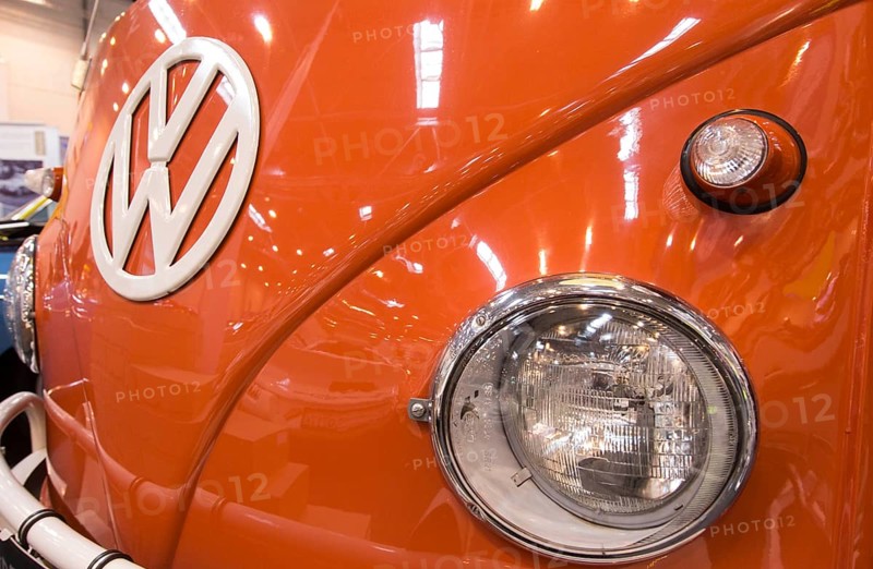 The front end of a Volkswagen bus with large VW logo, indicators and headlights. Techno Classica is the trade fair for vintage, classic and prestige cars, motorsport, motorbikes, spare parts and restoration, Essen, 27 March 2014, Essen, North Rhine-Westphalia, Germany, Europe