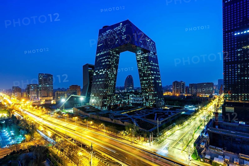 Beijing central business district CBD skyline with the headquarters of Chinese television CCTV at night in Beijing, China, Asia