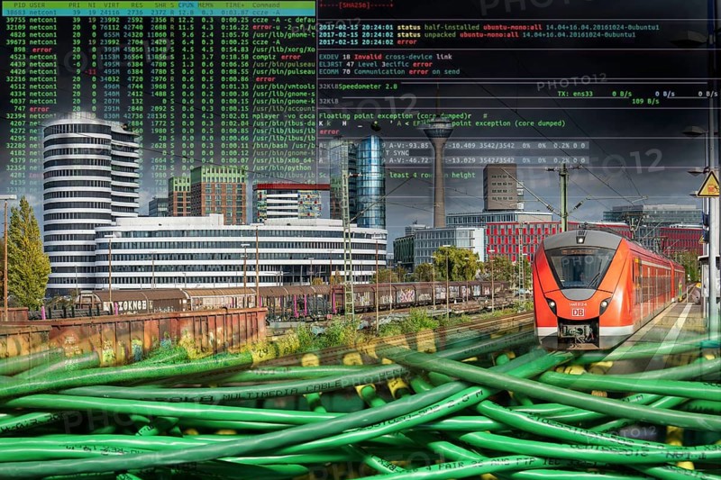 Symbolic image of critical infrastructure, Düsseldorf skyline, media harbour, data cable, hacker code