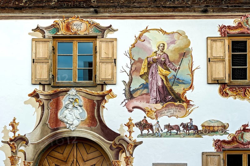 Typical Lüftl painting with brewery team, draught horses, carriage and the patron saint St Jakob, Gasthof Post, Krün, Werdenfelser Land, Upper Bavaria, Bavaria, Germany, Europe