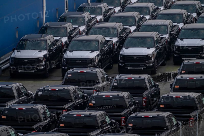 Ford FX4 pickup trucks on stockpile, in the overseas harbour of Bremerhaven, after import from the USA in Germany, Lower Saxony, Germany, Europe