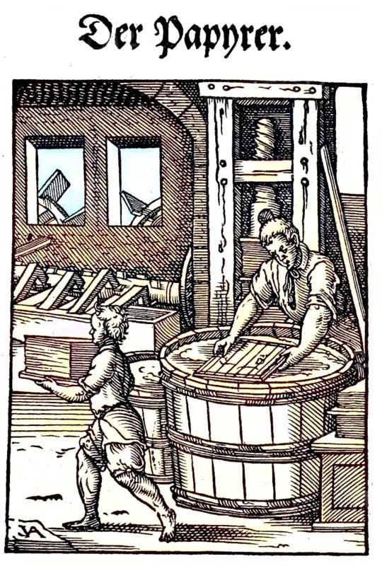 The Papermaker, The Papyrer, woodcut from the Book of Professions by Jost Amman, 1568, Germany, craft, labour, craftsman, digital reproduction of an original 19th century model, original date unknown, Europe