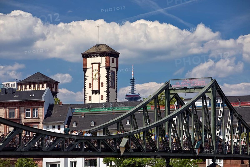 City view with the Iron Footbridge and the Langer Franz Tower, Frankfurt am Main, Hesse, Germany, Europe