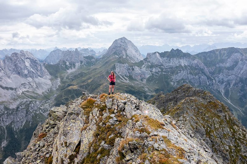 Aerial view, hiker on the Raudenspitze, Carnic High Trail, Carnic Main Ridge, Carnic Alps, Carinthia, Austria, Europe