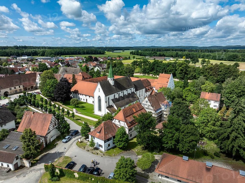Aerial view of the village of Heiligkreuztal with the cathedral and the former Cistercian nunnery, district of Biberach, Upper Swabia, Baden-Württemberg, Germany, Europe
