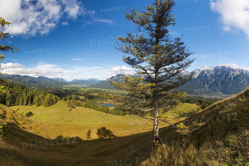Panorama from Hoher Kranzberg, 1397m on the Wildensee, the humpback meadows between Mittenwald and Krün and the Karwendel Mountains, Werdenfelser Land, Upper Bavaria, Bavaria, Germany, Europe