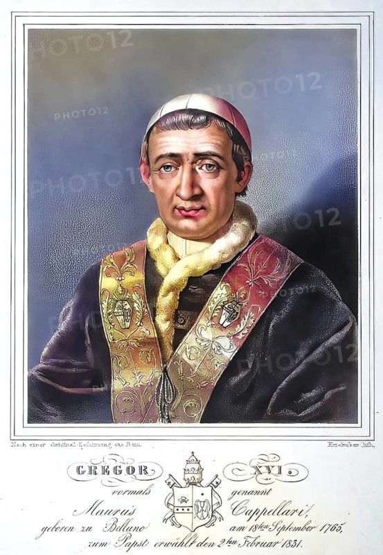 Gregory XVI (born 18 September 1765 in Belluno, Republic of Venice, died 1 June 1846 in Rome, legal name Bartolomeo Alberto Cappellari) was the 254th Pope of the Roman Catholic Church from 1831 until his death, Historical, digitally restored reproduction from a 19th century original, Record date not stated