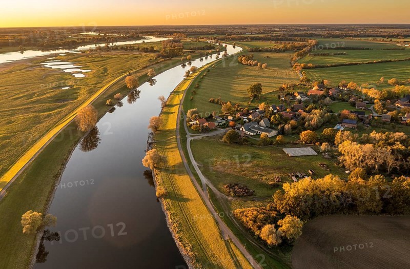 Aerial view of channel Gnevsdorfer Vorfluter and river Elbe at sunset, between Wittenberge and Havelberg, Germany, Europe