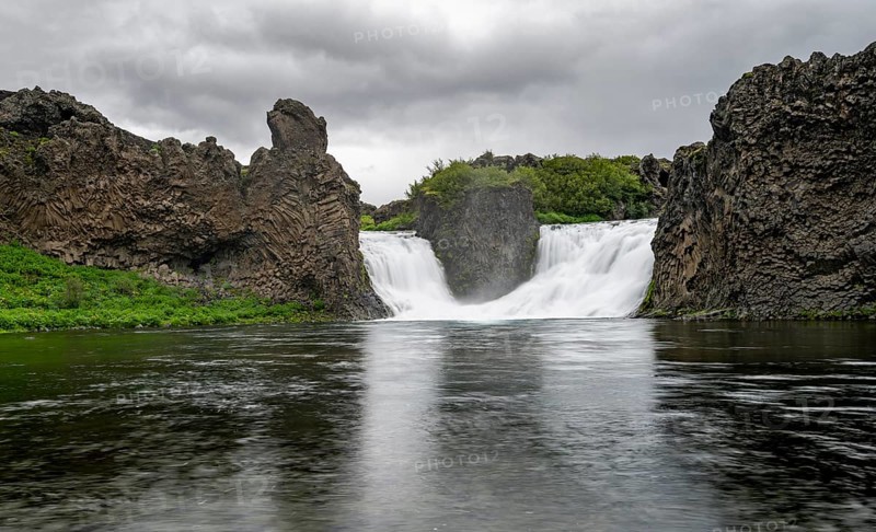 Hjalparfoss waterfall between basalt rocks, Sudurland, Iceland, Europe