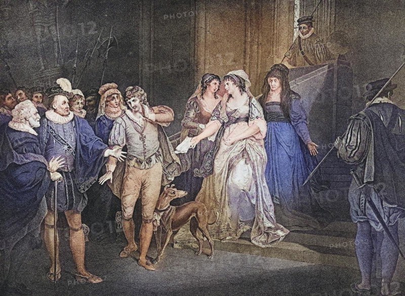 All's well that ends well. Act V Scene III Rousillon The Count's palace. King, Countess Lafeu, Bertram, Helena, Diana, lords, servants and widow. From the Boydell Shakespeare Gallery, published at the end of the 19th century, Historical, digitally restored reproduction from a 19th century original, Record date not stated