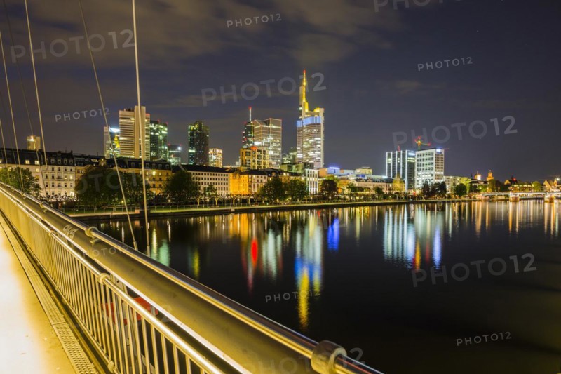 Skyline and banking district after sunset, twilight, Commerzbank, HelaBa, Hessische Landesbank, Holbeinsteg, Frankfurt am Main, Hesse, Germany, Europe