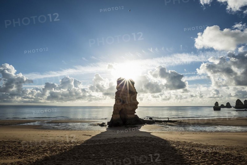 Colourful cliffs and sunrise on the beach, Praia da Dona Ana, Lagos, Algarve, Portugal, Europe