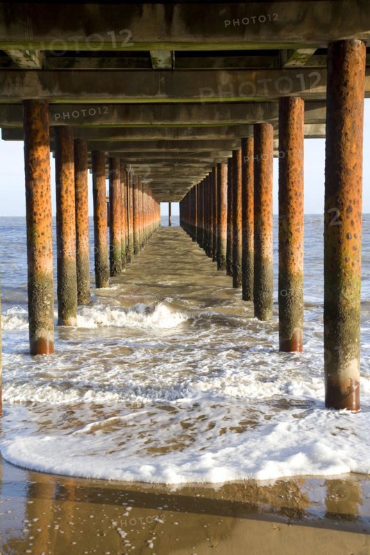 Rusty steel support pillars, Southwold pier, Southwold, Suffolk, England, United Kingdom, Europe