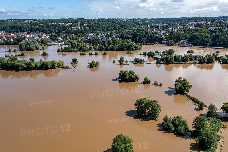 Flood on the Ruhr, after long periods of heavy rainfall the river left its bed and flooded the countryside and villages, the highest water level ever recorded, Ruhr near Bochum-Dalhausen, North Rhine-Westphalia, Germany, Europe