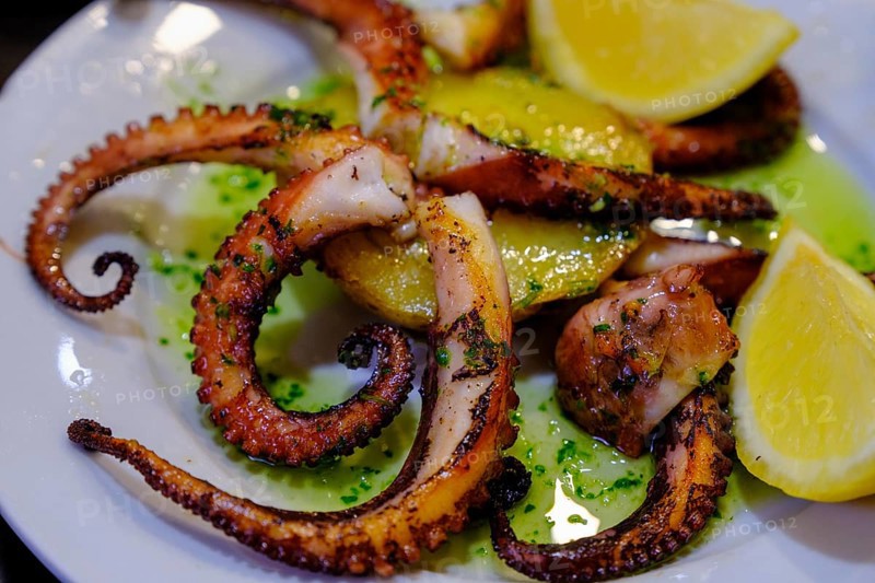 Octopus, tapas in a bar, food, Barcelona, Catalonia, Spain, Europe