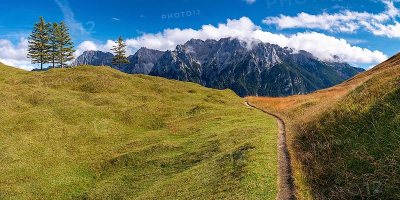 Panorama from Hoher Kranzberg, 1397m to the cloudy Karwendel Mountains, Werdenfelser Land, Upper Bavaria, Bavaria, Germany, Europe
