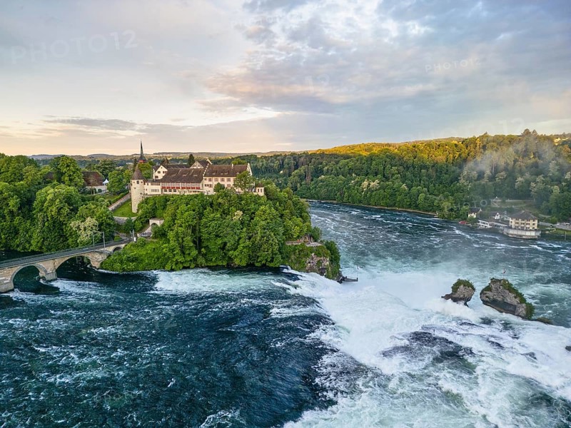 Rhine Falls with Schloss Laufen and Schlössli Wörth, aerial view, Neuhausen, Canton Schaffhausen, Switzerland, Europe