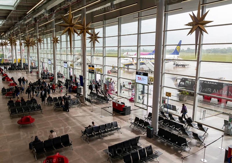 Departure lounge aircraft boarding area inside Tirana International Airport Nënë Tereza, Mother Theresa Rinas Airport, Tirana, Albania, Europe