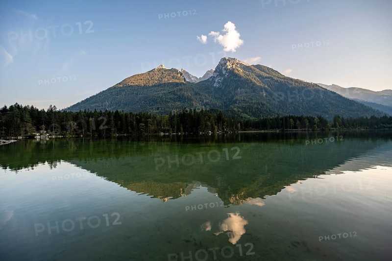 Hochkalter reflected in Hintersee, at sunset, Berchtesgaden National Park, Ramsau, Upper Bavaria, Bavaria, Germany, Europe