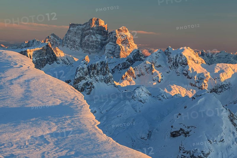 Mountain peak in the snow at sunset, winter, Monte Pelmo, Dolomites, Belluno, Italy, Europe