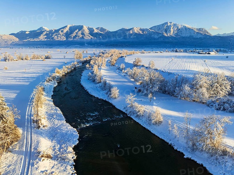 Aerial view of a river in front of mountains, evening light, snow, winter, Loisach, Alpine foothills, Upper Bavaria, Bavaria, Germany, Europe
